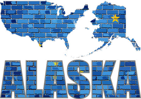 Alaska on a brick wall - Illustration, Alaska Flag painted on brick wall, Font with the Alaska flag,  Alaska map on a brick wallのイラスト素材