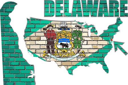 Delaware on a brick wall - Illustration, Font with the Delaware flag,  Delaware map on a brick wallのイラスト素材