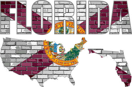 Florida on a brick wall - Illustration, Font with the Florida flag,  Florida map on a brick wallのイラスト素材
