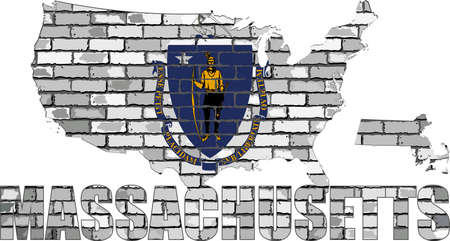 Massachusetts on a brick wall - Illustration, Font with the Massachusetts flag,  Massachusetts map on a brick wallのイラスト素材