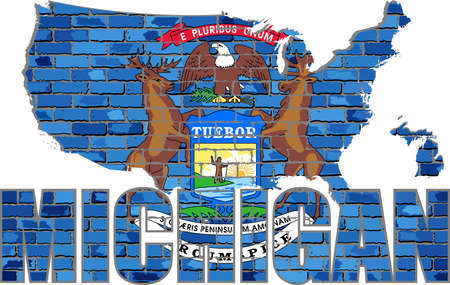 Michigan on a brick wall - Illustration, Font with the Michigan flag,  Michigan map on a brick wallのイラスト素材