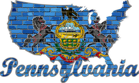 Pennsylvania on a brick wall - Illustration, Font with the Pennsylvania flag,  Pennsylvania map on a brick wallのイラスト素材