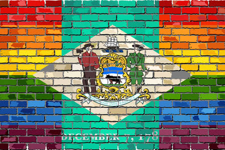 Brick Wall Delaware and Gay flags - Illustration, Rainbow flag on brick textured background,  Abstract grunge Delaware Flag and LGBT flagのイラスト素材