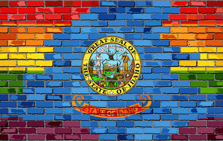 Brick Wall Idaho and Gay flags - Illustration, Rainbow flag on brick textured background,  Abstract grunge Idaho Flag and LGBT flagのイラスト素材