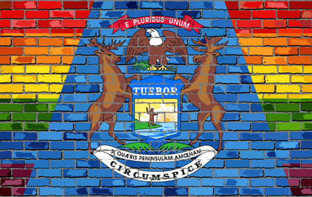 Brick Wall Michigan and Gay flags - Illustration, Rainbow flag on brick textured background, Abstract grunge Michigan Flag and LGBT flagのイラスト素材