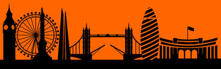 Vector city skyline silhouette - illustration,  Town in orange background,   City of London, Great Britainのイラスト素材