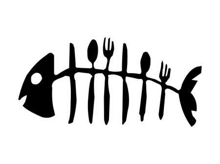Fish skeleton made of cutlery - Illustration,  Fish bone icon on white background,  Fish skeleton line iconのイラスト素材