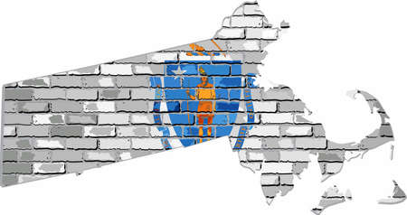 Massachusetts map on a brick wall - Illustration,   The state of Massachusetts map with flag insideのイラスト素材