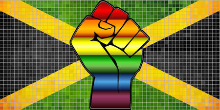 Shiny LGBT Protest Fist on a Jamaica Flag - Illustration,  Abstract Mosaic Jamaica and Gay flagsのイラスト素材