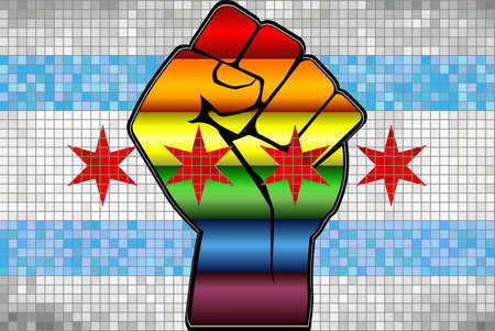 Shiny LGBT Protest Fist on a Chicago Flag - Illustration,  Abstract Mosaic Chicago and Gay flagsのイラスト素材