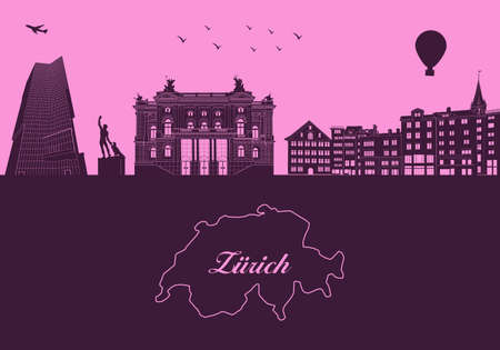 Zurich City Skyline Silhouette - illustration, Town in Maroon background, Map of Switzerlandのイラスト素材
