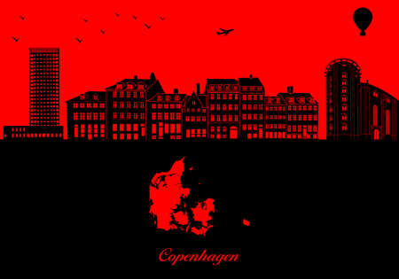 Copenhagen city skyline silhouette - illustration, Town in red background, Map of Denmarkのイラスト素材
