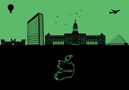 Dublin city skyline silhouette - illustration, Town in red background, Map of Irelandのイラスト素材