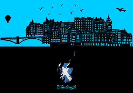 Edinburgh city skyline silhouette - illustration, Town in black background, Map of Scotlandのイラスト素材