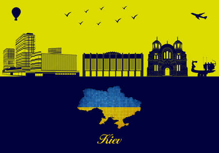 Kiev city skyline silhouette - illustration, Town in black background, Map of Ukraineのイラスト素材