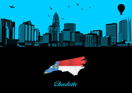 Charlotte city skyline silhouette - illustration, Town in blue background, Map of North Carolinaのイラスト素材
