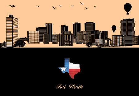 Fort Worth city skyline silhouette - illustration, Town in Beige background, Map of Texasのイラスト素材