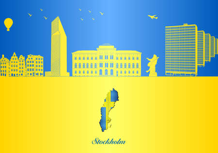 Stockholm city skyline silhouette - illustration, 
Town in Yellow background, 
Map of Swedenのイラスト素材