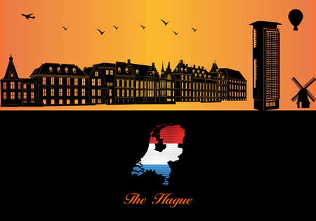 Hague city skyline silhouette - illustration, 
Town in Orange background, 
Map of Netherlandsのイラスト素材