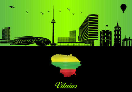 Vilnius city skyline silhouette - illustration, 
Town in Green background, 
Map of Lithuaniaのイラスト素材