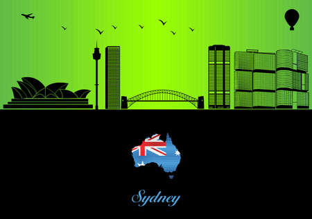 Sydney city skyline silhouette - illustration, 
Town in Green background, 
Map of Australiaのイラスト素材