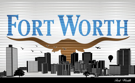 The Fort Worth city skyline with flag background - illustration, 
Shiny Grunge flag of the Fort Worthのイラスト素材