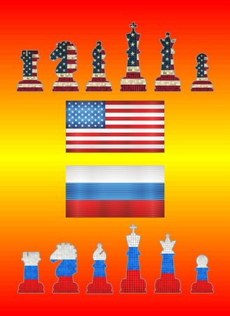 USA vs Russia - Illustration, 
Chess pieces with USA flag and Chess pieces with Russia flagのイラスト素材