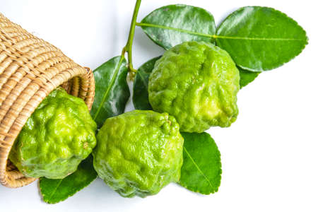 Bergamot  or kaffir and leaf on white backgroundの写真素材