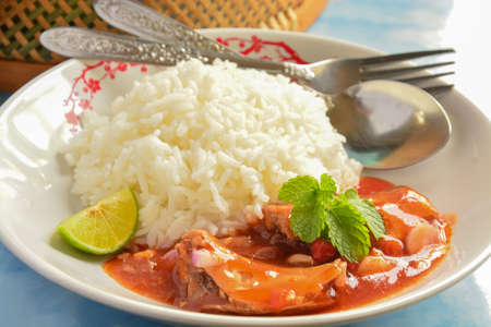 Canned fish and jasmine ricethai styleの写真素材