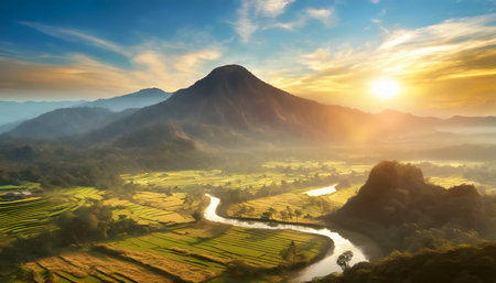 mountain and rive field with river in the middle at dusk with sunset view, beautiful view of rice field at dusk timeの素材