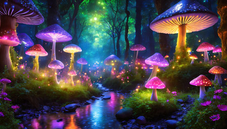 fantasy mushroom forest that glow at night backgroundの素材