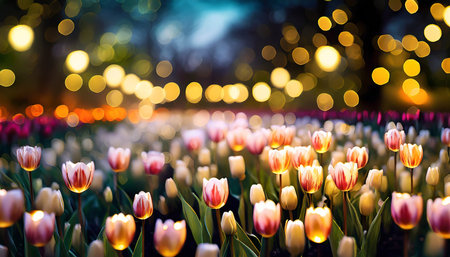 tulip flower garden with bokeh backgroundの素材