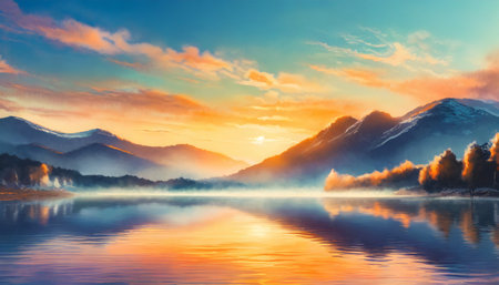 dawn at lake with mountain backgroundの素材