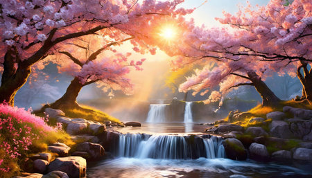 sakura forest with river in the middleの素材
