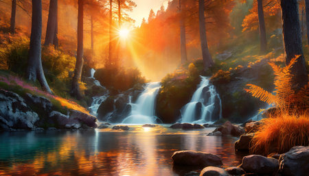 beautiful forest at the morning with waterfallの素材