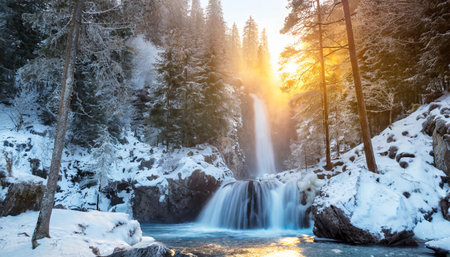 beautiful snow forest at the morning with waterfallの素材