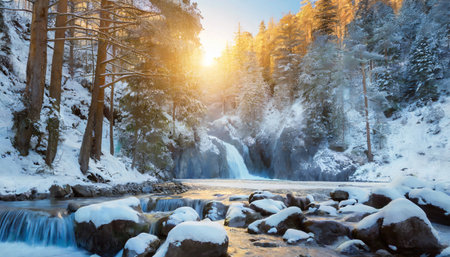 beautiful snow forest at the morning with waterfallの素材