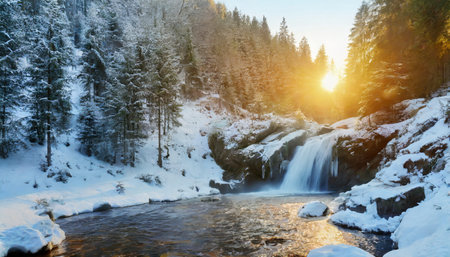 beautiful snow forest at the morning with waterfallの素材