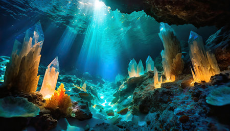 under water cave with crystalの素材