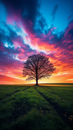 isolated tree on colorful sky backgroundの素材
