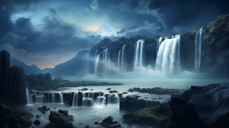 waterfall landscape at night, beautiful view of waterfall at night background and wallpaperの素材
