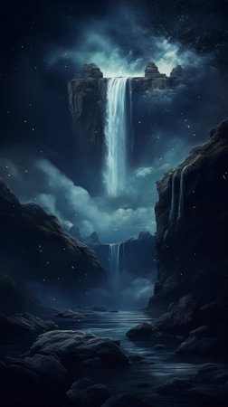 waterfall landscape at night, beautiful view of waterfall at night background and wallpaperの素材