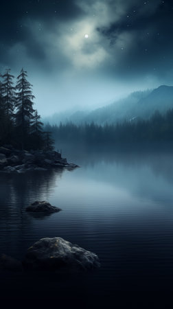 landscape of foggy lake with overcast sky and dark scenery at the morning, mysterious lake background and wallpaperの素材