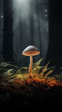 mushroom on forest background with spotlight effect, mushroom on forest wallpaper and backgroundの素材