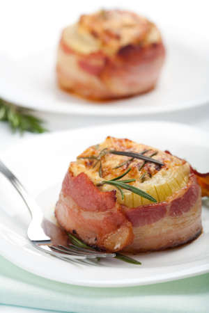 stuffed onion with baconの写真素材