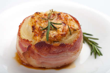 stuffed onion with baconの写真素材