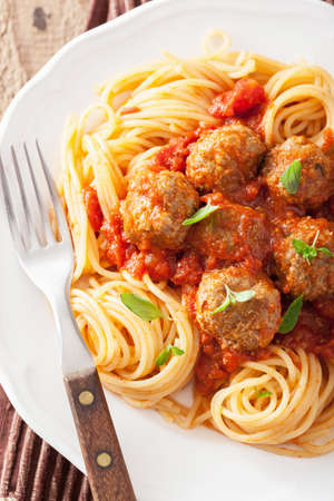 spaghetti with meatballs in tomato sauce の写真素材