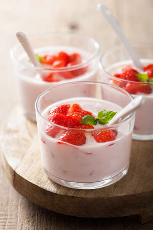 healthy breakfast with yogurt and strawberryの写真素材