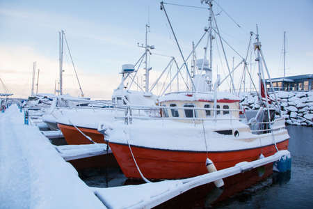 Winter view of a marina in Trondheimの写真素材