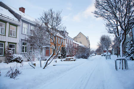 Winter view of street in Trondheim city Norwayの写真素材